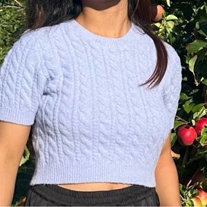 Cable Knit Short Sleeve Sweater - Light Blue
